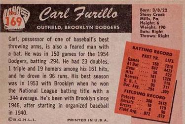 1955 Bowman #169 Carl Furillo Back