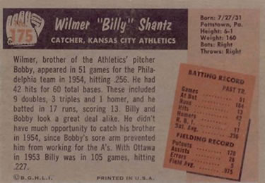 1955 Bowman #175 Billy Shantz Back