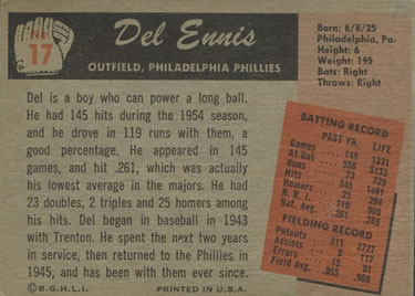 1955 Bowman #17 Del Ennis Back