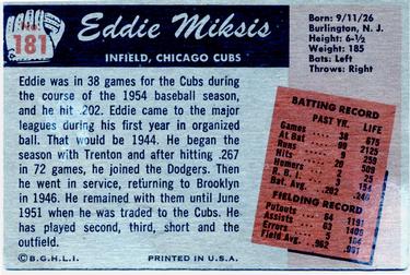 1955 Bowman #181 Eddie Miksis Back