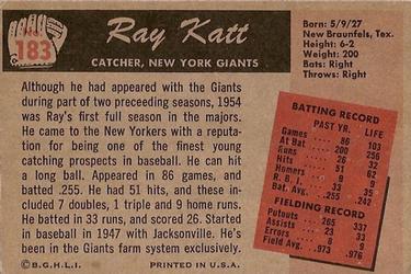 1955 Bowman #183 Ray Katt Back