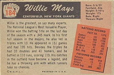 1955 Bowman #184 Willie Mays Back