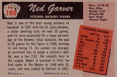 1955 Bowman #188 Ned Garver Back