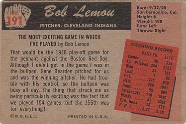 1955 Bowman #191 Bob Lemon Back