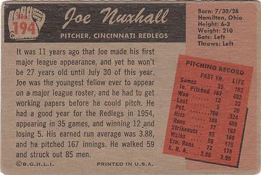 1955 Bowman #194 Joe Nuxhall Back