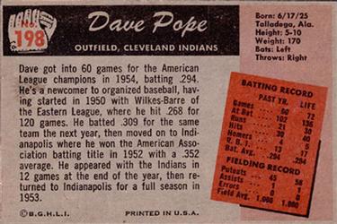 1955 Bowman #198 Dave Pope Back