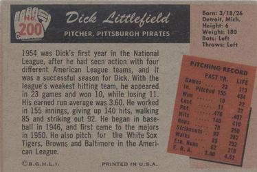 1955 Bowman #200 Dick Littlefield Back