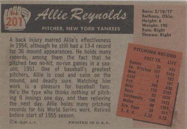 1955 Bowman #201 Allie Reynolds Back