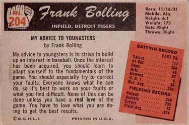 1955 Bowman #204 Frank Bolling Back