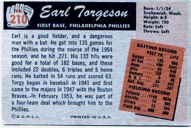 1955 Bowman #210 Earl Torgeson Back