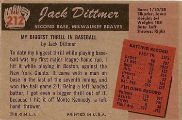 1955 Bowman #212 Jack Dittmer Back