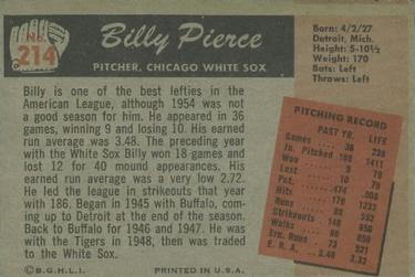 1955 Bowman #214 Billy Pierce Back