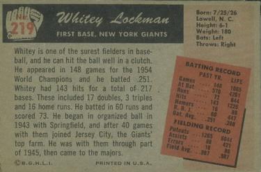 1955 Bowman #219 Whitey Lockman Back