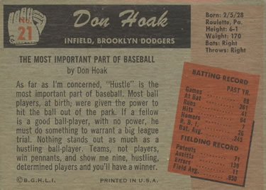 1955 Bowman #21 Don Hoak Back