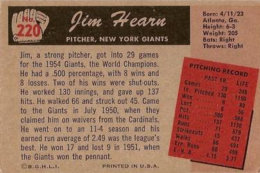 1955 Bowman #220 Jim Hearn Back