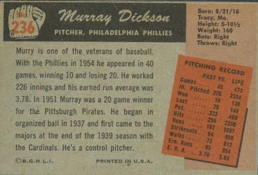 1955 Bowman #236 Murry Dickson Back