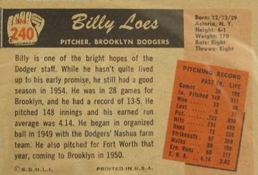 1955 Bowman #240 Billy Loes Back