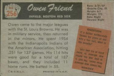 1955 Bowman #256 Owen Friend Back