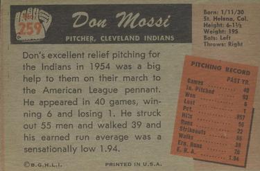 1955 Bowman #259 Don Mossi Back