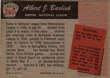 1955 Bowman #265 Al Barlick Back