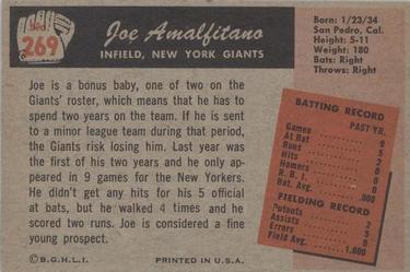 1955 Bowman #269 Joe Amalfitano Back
