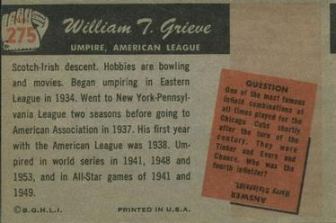 1955 Bowman #275 William T. Grieve Back