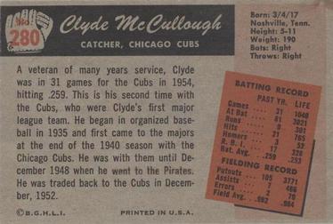 1955 Bowman #280 Clyde McCullough Back