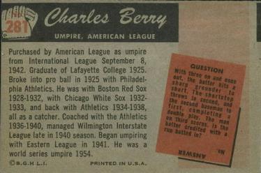 1955 Bowman #281 Charlie Berry Back