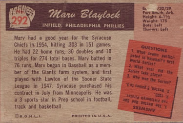 1955 Bowman #292 Marv Blaylock Back
