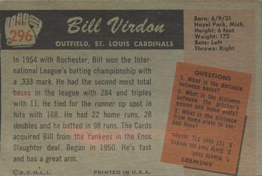 1955 Bowman #296 Bill Virdon Back