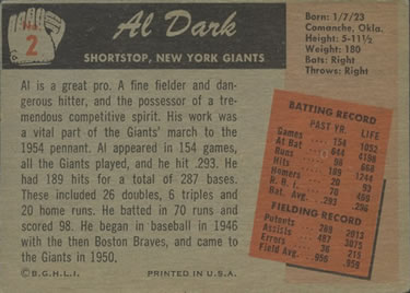 1955 Bowman #2 Al Dark Back