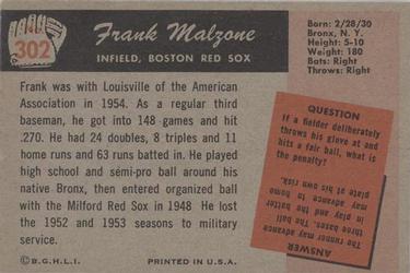 1955 Bowman #302 Frank Malzone Back