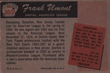 1955 Bowman #305 Frank Umont Back