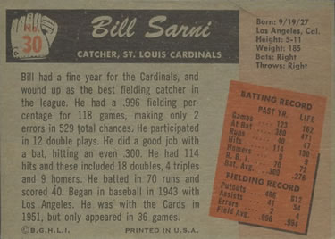 1955 Bowman #30 Bill Sarni Back