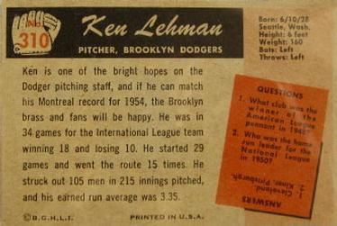 1955 Bowman #310 Ken Lehman Back