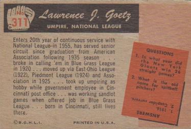 1955 Bowman #311 Lawrence J. Goetz Back