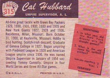 1955 Bowman #315 Cal Hubbard Back