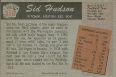 1955 Bowman #318 Sid Hudson Back