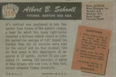 1955 Bowman #319 Al Schroll Back