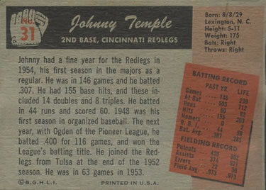 1955 Bowman #31 Johnny Temple Back