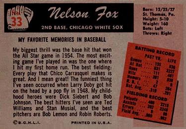 1955 Bowman #33 Nelson Fox Back