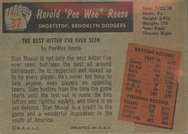 1955 Bowman #37 Pee Wee Reese Back