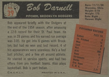 1955 Bowman #39 Bob Darnell Back