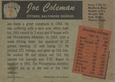 1955 Bowman #3 Joe Coleman Back