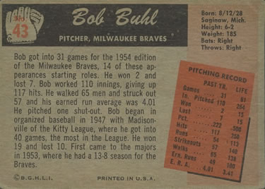 1955 Bowman #43 Bob Buhl Back
