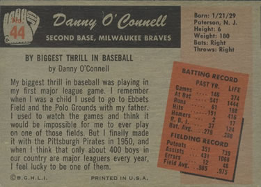 1955 Bowman #44 Danny O'Connell Back
