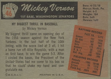 1955 Bowman #46 Mickey Vernon Back