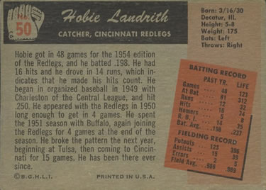 1955 Bowman #50 Hobie Landrith Back