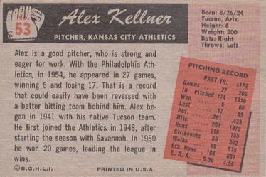 1955 Bowman #53 Alex Kellner Back