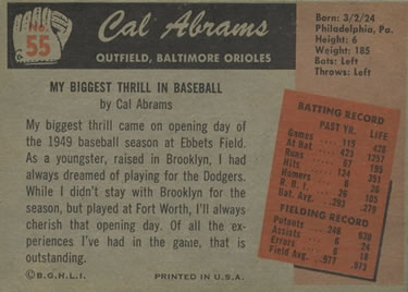 1955 Bowman #55 Cal Abrams Back